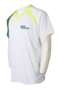 T1036  設計圓領撞色袖T恤   來樣訂製印花LOGO  撞色一邊袖綠色  螢光黃領口   澳門  75D珠地布  學界體育